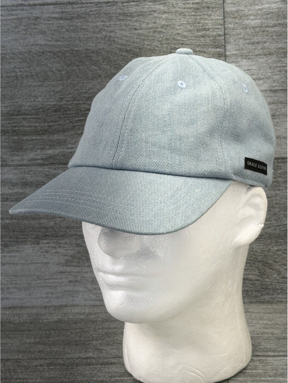 Grace Eleyae Light Blue Denim Strap Back Hat Charmeuse Satin Lined Cap 6-Panel